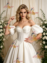 Ivory Satin Puff Sleeve Wedding Dress