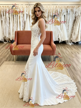 White Mermaid V-neck Appliques Wedding Dress
