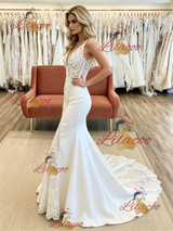 White Mermaid V-neck Appliques Wedding Dress