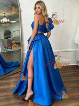 Blue Satin One Shoulder Two Piece Prom Dress