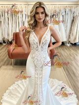 White Mermaid V-neck Appliques Wedding Dress