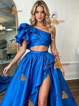 Blue Satin One Shoulder Two Piece Prom Dress