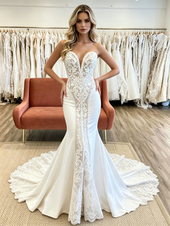 White Mermaid Strapless Appliques Wedding Dress