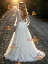 White Tulle Lace V-neck Long Sleeve Wedding Dress