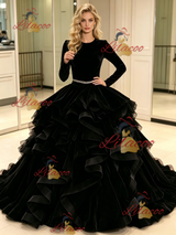 Black Tulle Velvet Long Sleeve Prom Dress
