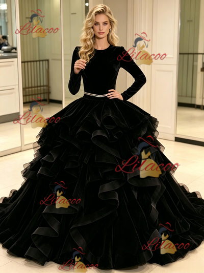 Black Tulle Velvet Long Sleeve Prom Dress
