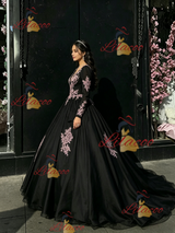 Black Tulle Long Sleeve Appliques Quinceanera Dress