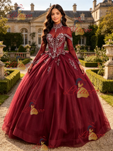 Burgundy Long Sleeve High Neck Beading Quinceanera Dress