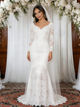 White Mermaid Lace V-neck Long Sleeve Wedding Dress