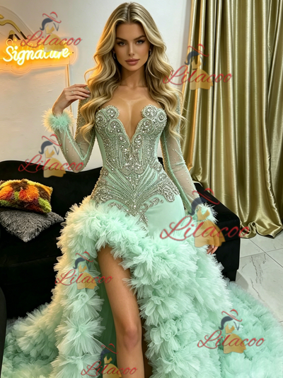 Sexy Green Long Sleeve Beading Prom Dress