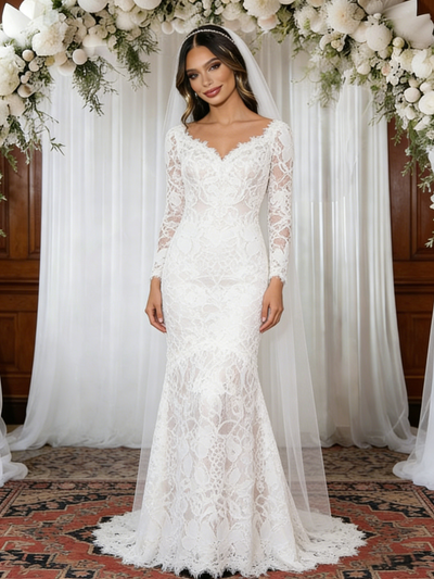 White Mermaid Lace V-neck Long Sleeve Wedding Dress