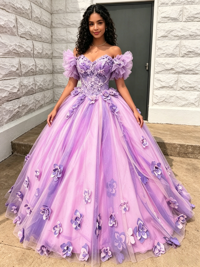 Purple Tulle Off the Shoulde 3D Flower Quinceanera Dress