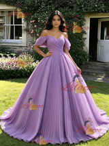 Purple Tulle Off the Shoulder Pleats Quinceanera Dress