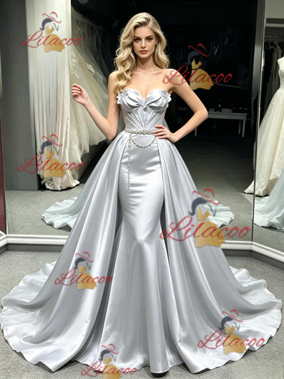 Silver Satin Strapless Pleats Prom Dress