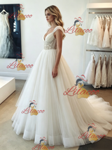 White Tulle V-neck Straps Beading Wedding Dress