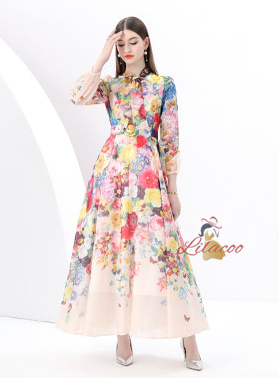 Lantern Sleeve Retro Print Slim Dress