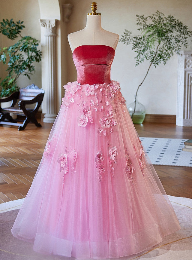 Pink Tulle Velvet 3D Appliques Prom Dress