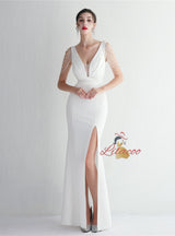 Mermaid V-neck Pleats Beading Prom Dress