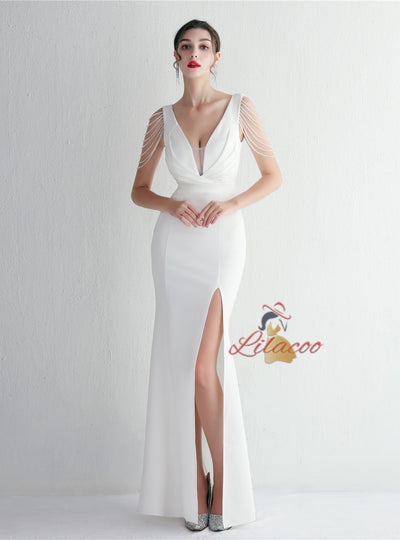 Mermaid V-neck Pleats Beading Prom Dress