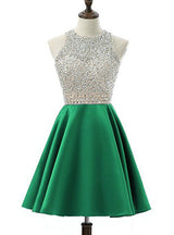 Green Satin Backless Beading Homecoming Dress