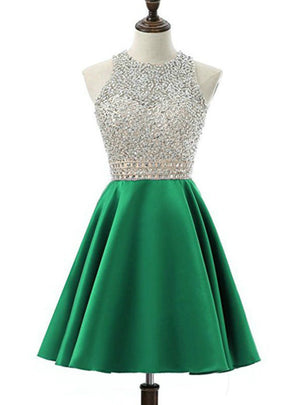 Green Satin Backless Beading Homecoming Dress