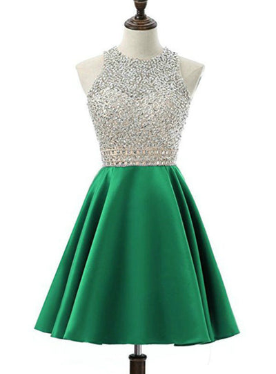 Green Satin Backless Beading Homecoming Dress