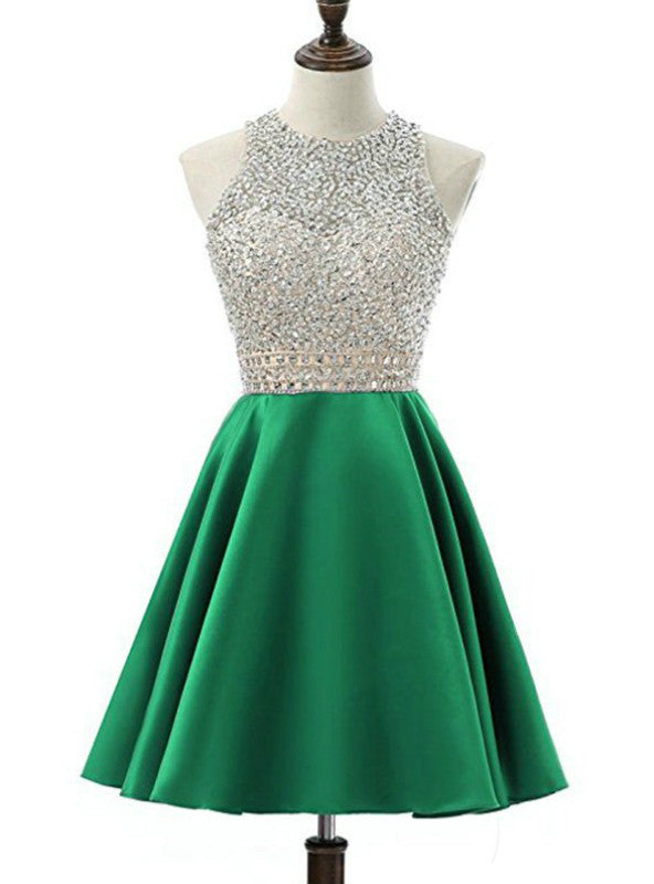 Green Satin Backless Beading Homecoming Dress