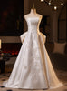 White Satin Strapless Appliques Wedding Dress