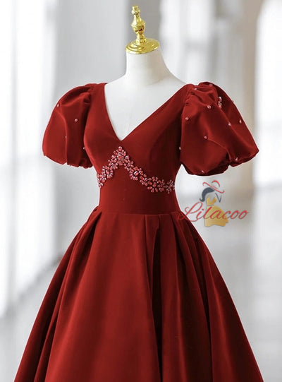 Burgundy Velvet Puff Sleeve V-neck Crystal Prom Dress
