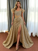 Gold Sequins Straps Pleats Prom Dress
