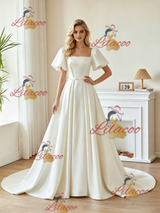 White Satin Puff Sleeve Pleats Wedding Dress