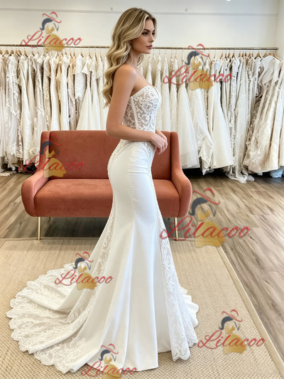 White Mermaid Strapless Appliques Wedding Dress