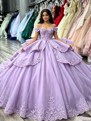Purple Tulle Straps Appliques Quinceanera Dress