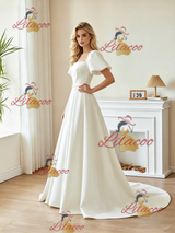 White Satin Puff Sleeve Pleats Wedding Dress