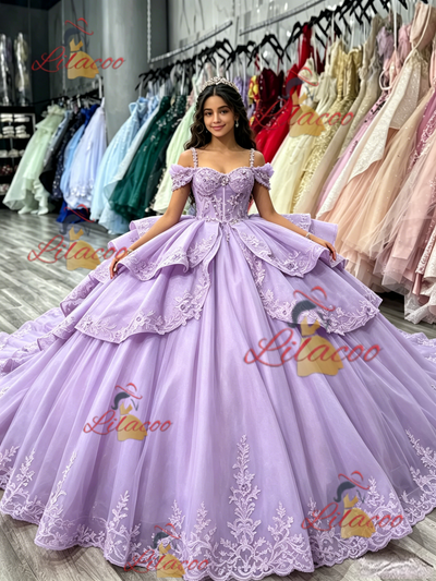 Purple Tulle Straps Appliques Quinceanera Dress
