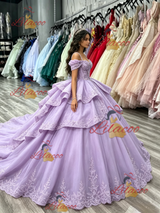 Purple Tulle Straps Appliques Quinceanera Dress