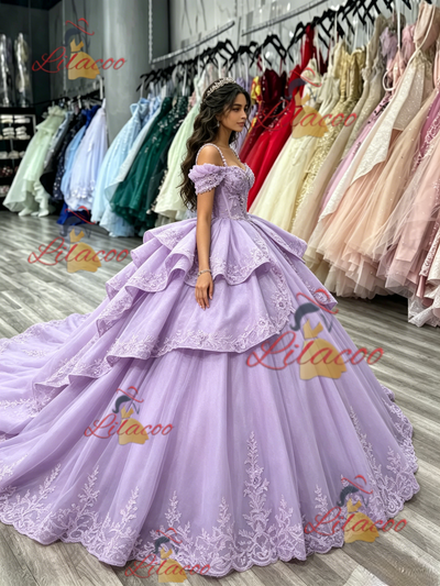Purple Tulle Straps Appliques Quinceanera Dress