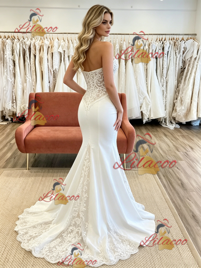 White Mermaid Strapless Appliques Wedding Dress