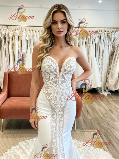 White Mermaid Strapless Appliques Wedding Dress