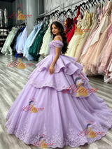 Purple Tulle Straps Appliques Quinceanera Dress