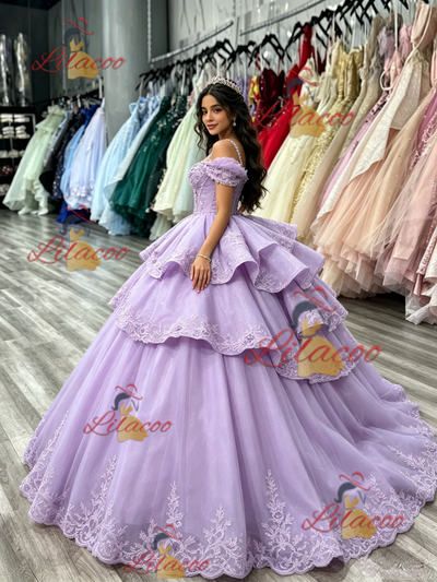 Purple Tulle Straps Appliques Quinceanera Dress