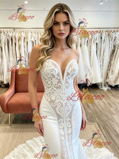 White Mermaid Strapless Appliques Wedding Dress
