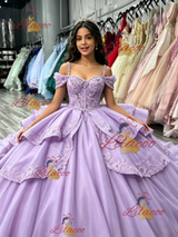 Purple Tulle Straps Appliques Quinceanera Dress