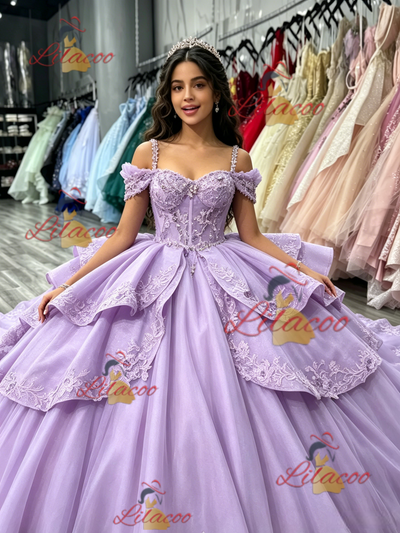 Purple Tulle Straps Appliques Quinceanera Dress