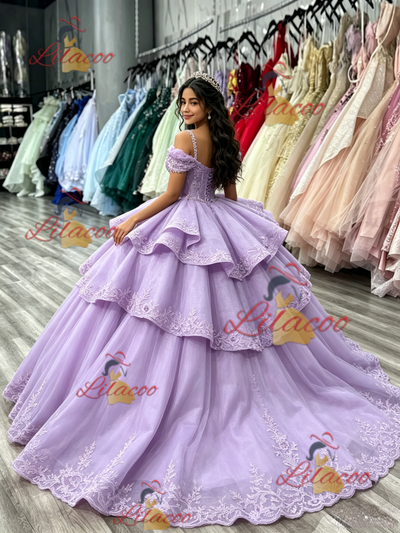 Purple Tulle Straps Appliques Quinceanera Dress
