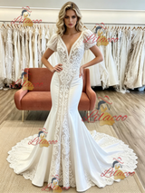 White Mermaid V-neck Puff Sleeve Appliques Wedding Dress