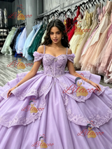 Purple Tulle Straps Appliques Quinceanera Dress