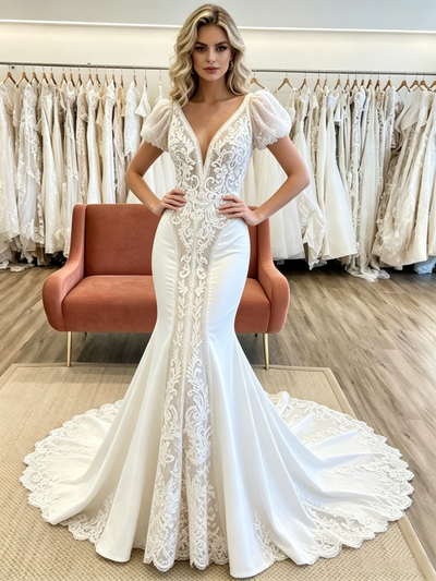 White Mermaid V-neck Puff Sleeve Appliques Wedding Dress