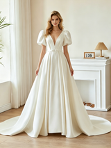 White Satin Puff Sleeve Pleats Wedding Dress