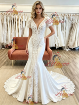 White Mermaid V-neck Puff Sleeve Appliques Wedding Dress